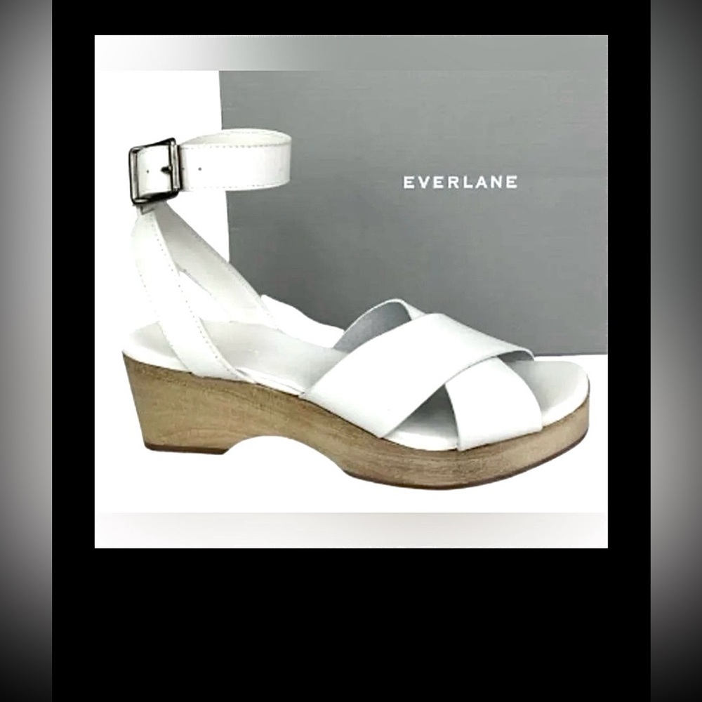 Everlane The Clog Sandal Leather & Wood Platform Open Toe in White Size 10